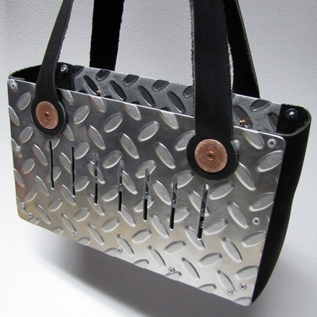 Industrial Handbag Industrial Chic Diamond Plate Aluminum and Black Leather Handbag is trendy and futuristic