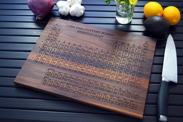 periodic table cutting board 1 590x393 Periodic Table Engraved Wooden Cutting Board for Nerdy Chefs!